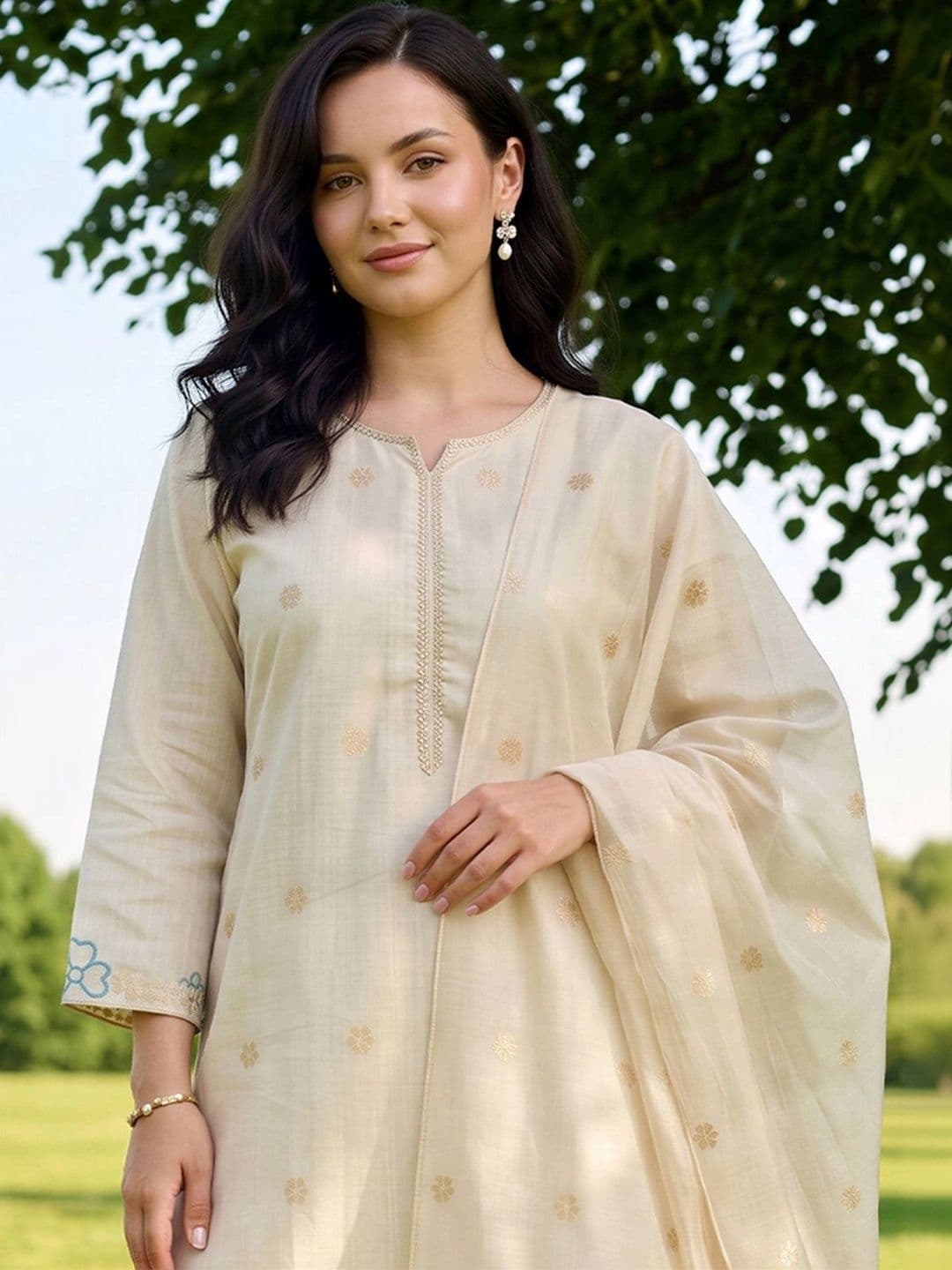 Indo Era Women Ethnic Motifs Embroidered Regular Thread Work Kurta with Trousers & With Dupatta thumbnail 5
