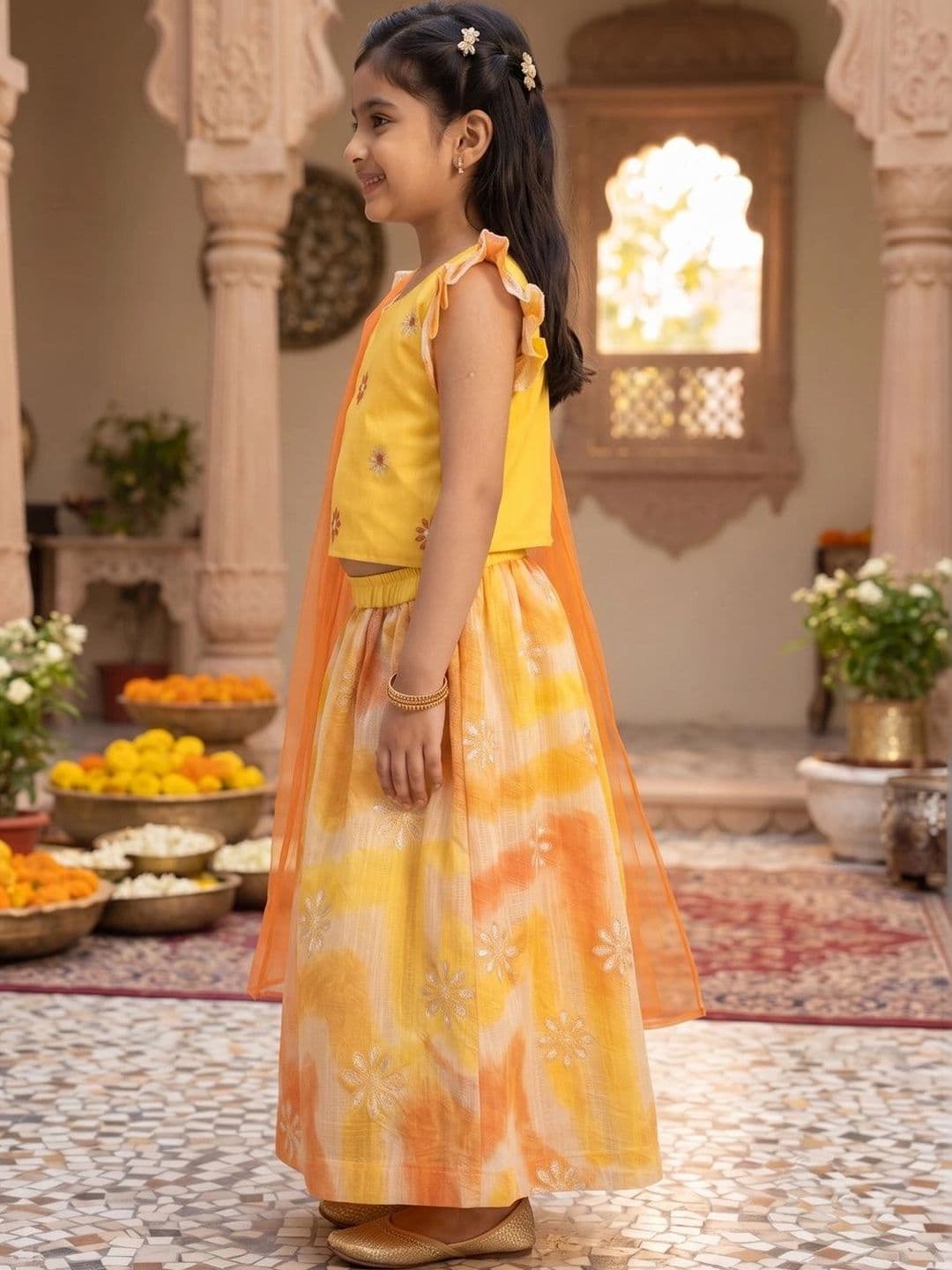 Here&Now X Kinder Kids Girls Yellow & Orange Embroidered Ready to Wear Lehenga & Blouse With Dupatta thumbnail 3