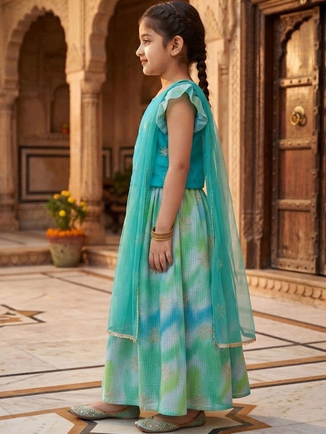 Here&Now X Kinder Kids Girls Embroidered Ready to Wear Lehenga & Blouse With Dupatta thumbnail 2