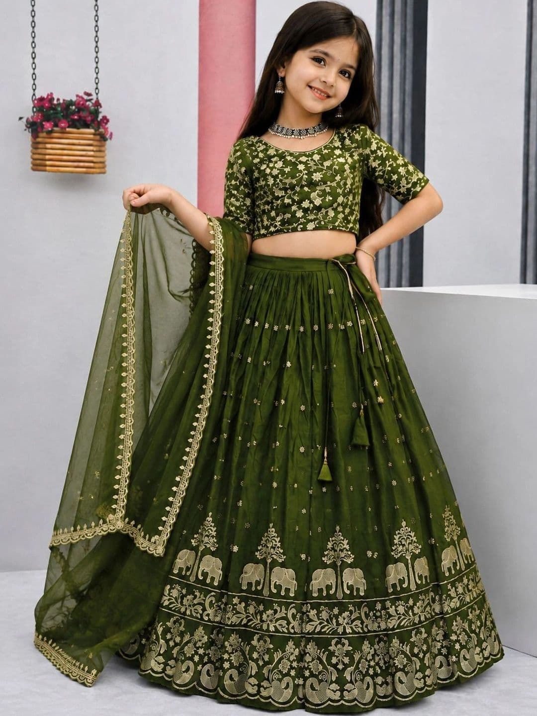 DEVANGI VASTRA Girls Embroidered Thread Work Ready to Wear Lehenga & Unstitched Blouse With Dupatta thumbnail 2