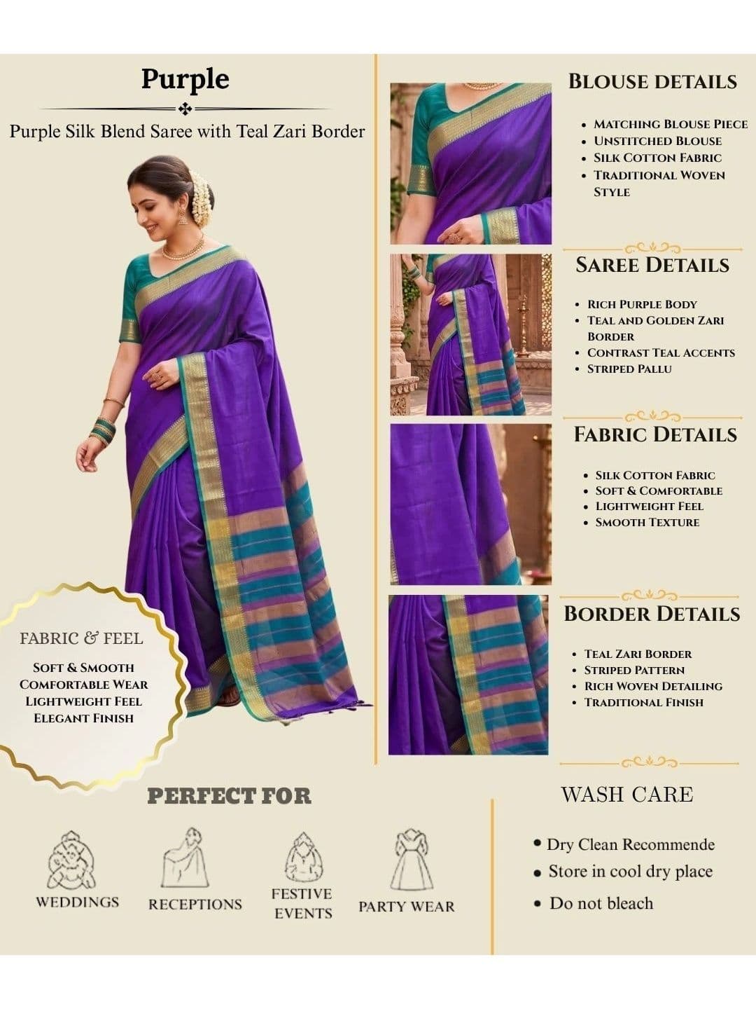 SPEEDY INDIAN Striped Zari Silk Cotton Handloom Chanderi Saree thumbnail 3