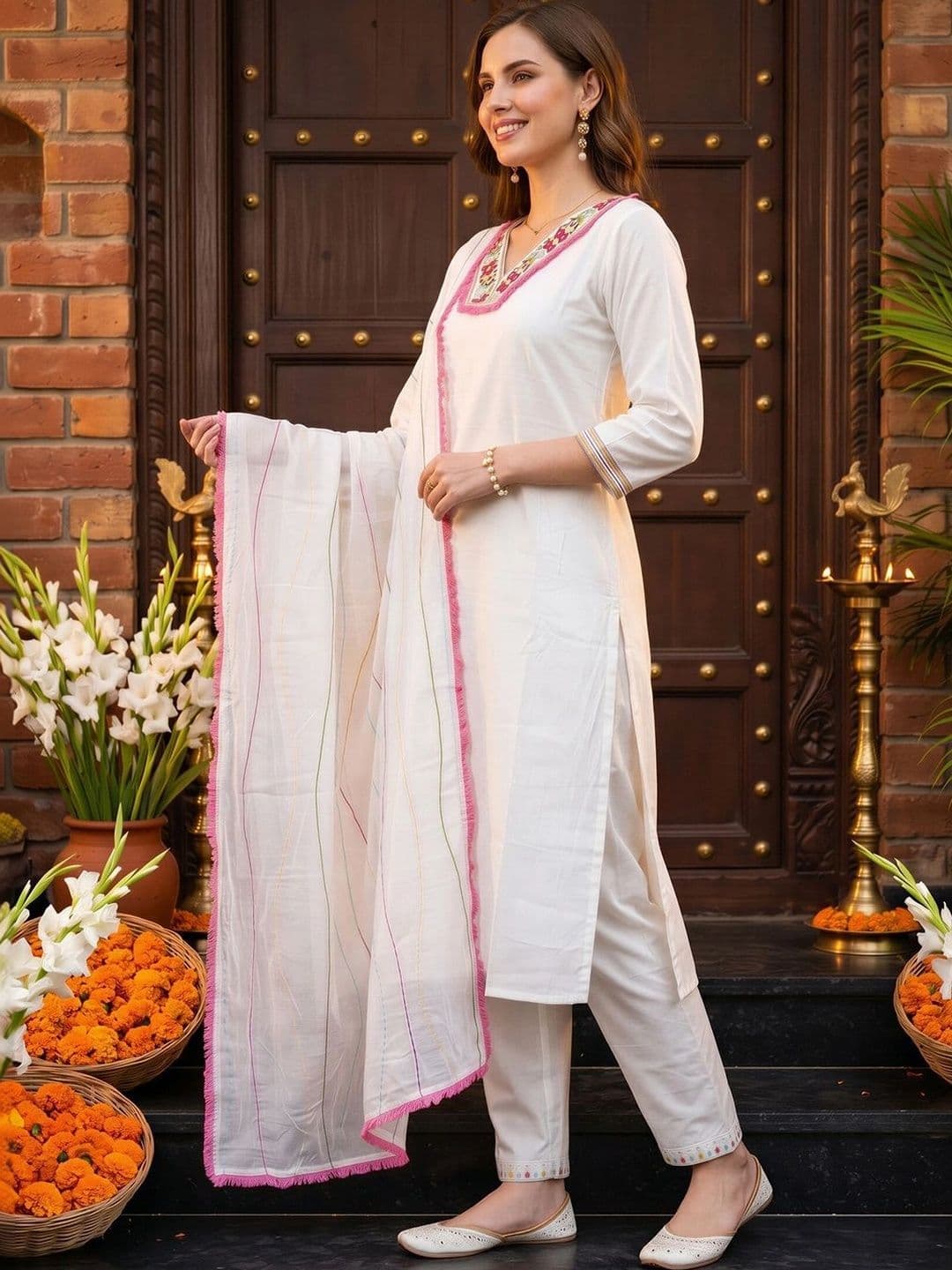 Indo Era Women Ethnic Motifs Embroidered Regular Thread Work Kurta with Trousers & With Dupatta thumbnail 3