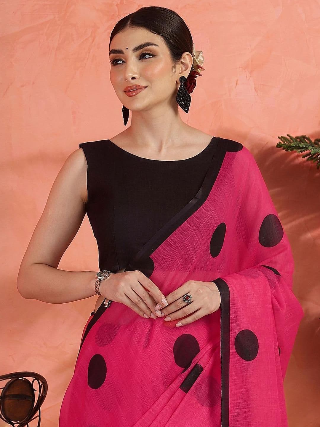 Sangria Polka Dots Printed Saree With Unstitched Blouse thumbnail 2
