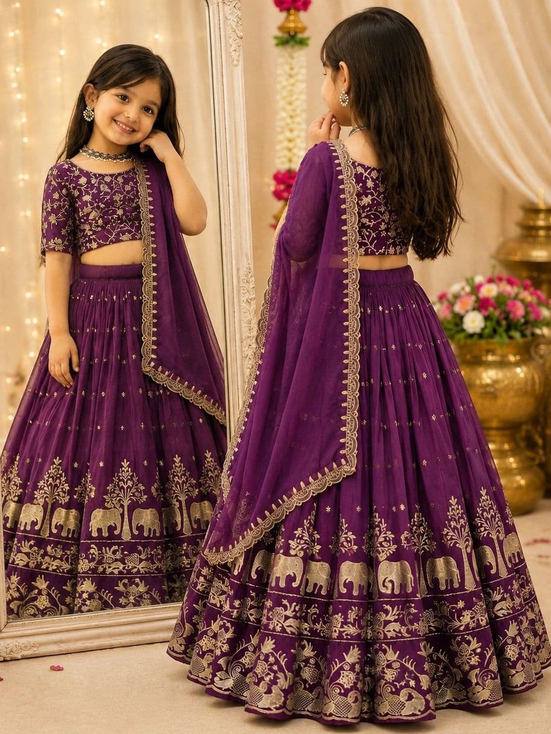 DEVANGI VASTRA Girls Embroidered Thread Work Ready to Wear Lehenga & Unstitched Blouse With Dupatta thumbnail 4