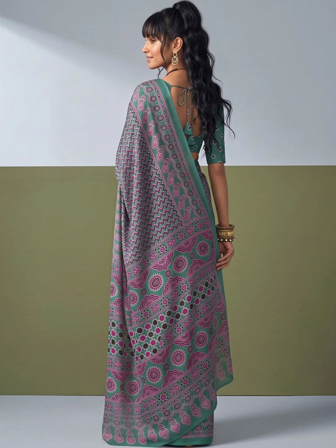 KALINI Floral Satin Designer Block Print Saree thumbnail 5