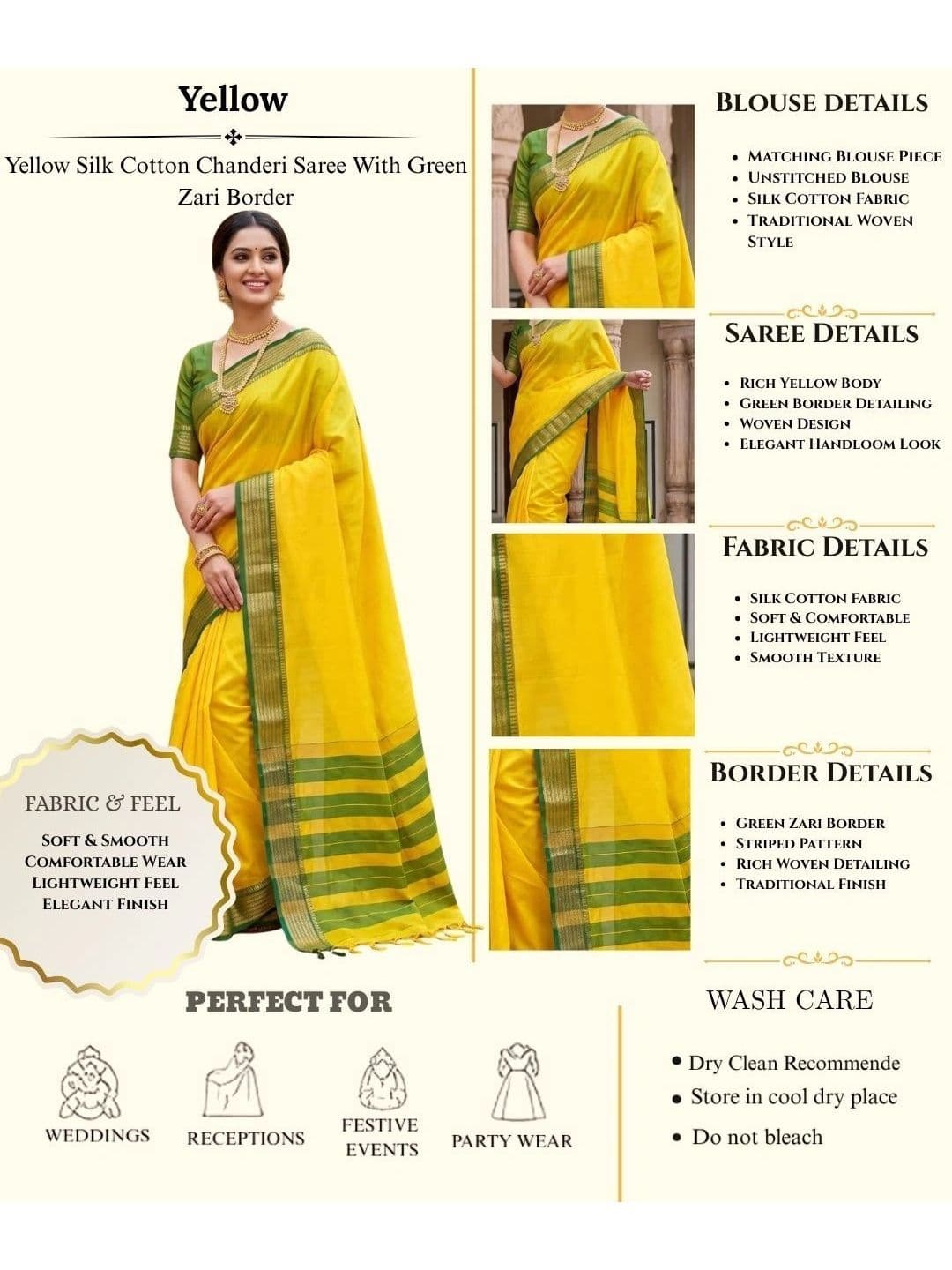 SPEEDY INDIAN Striped Zari Silk Cotton Handloom Chanderi Saree thumbnail 3