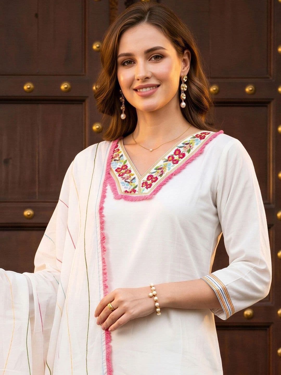 Indo Era Women Ethnic Motifs Embroidered Regular Thread Work Kurta with Trousers & With Dupatta thumbnail 6