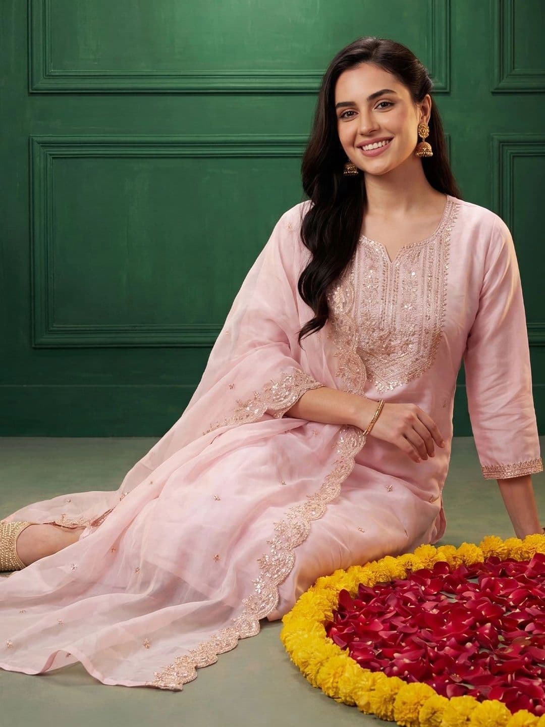Indo Era Women Ethnic Motifs Embroidered Regular Sequinned Kurta with Trousers & With Dupatta - view 1