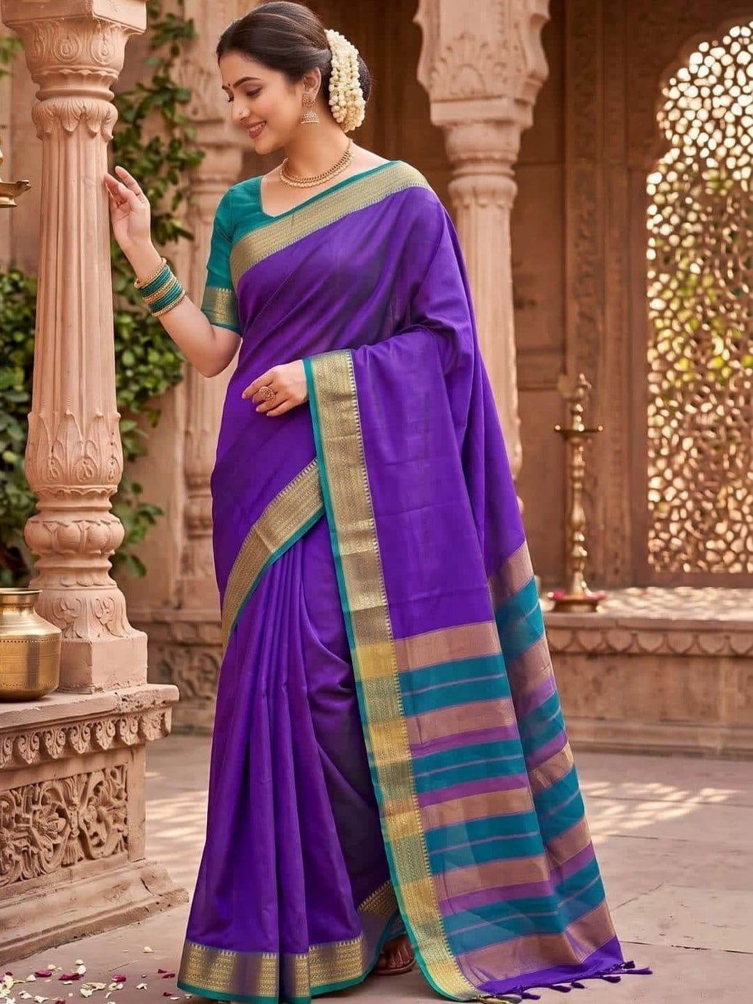 SPEEDY INDIAN Striped Zari Silk Cotton Handloom Chanderi Saree thumbnail 2
