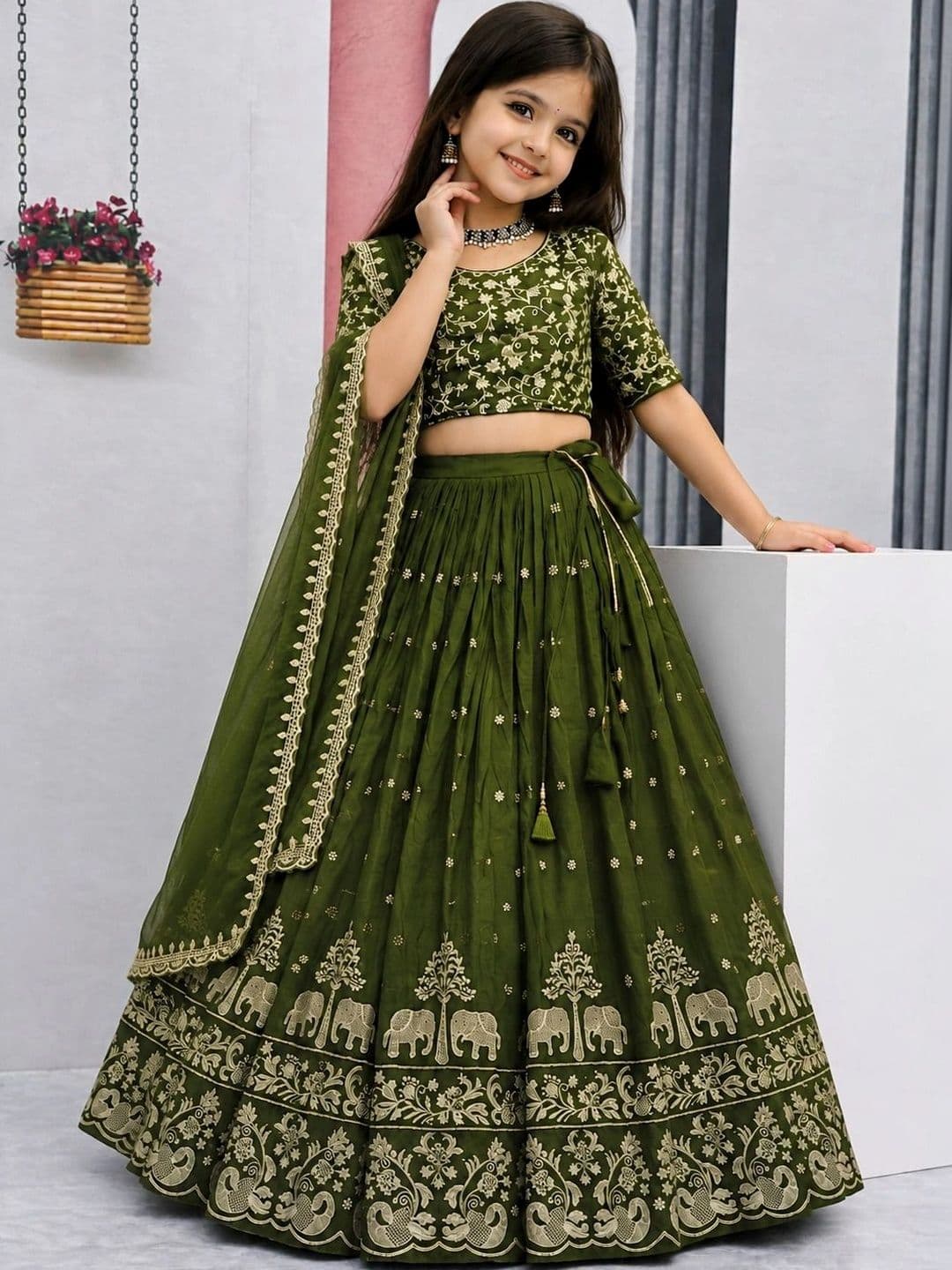 DEVANGI VASTRA Girls Embroidered Thread Work Ready to Wear Lehenga & Unstitched Blouse With Dupatta thumbnail 3
