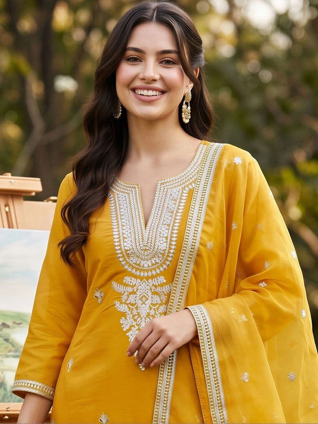 Indo Era Women Ethnic Motifs Embroidered Regular Thread Work Kurta with Trousers & With Dupatta thumbnail 5
