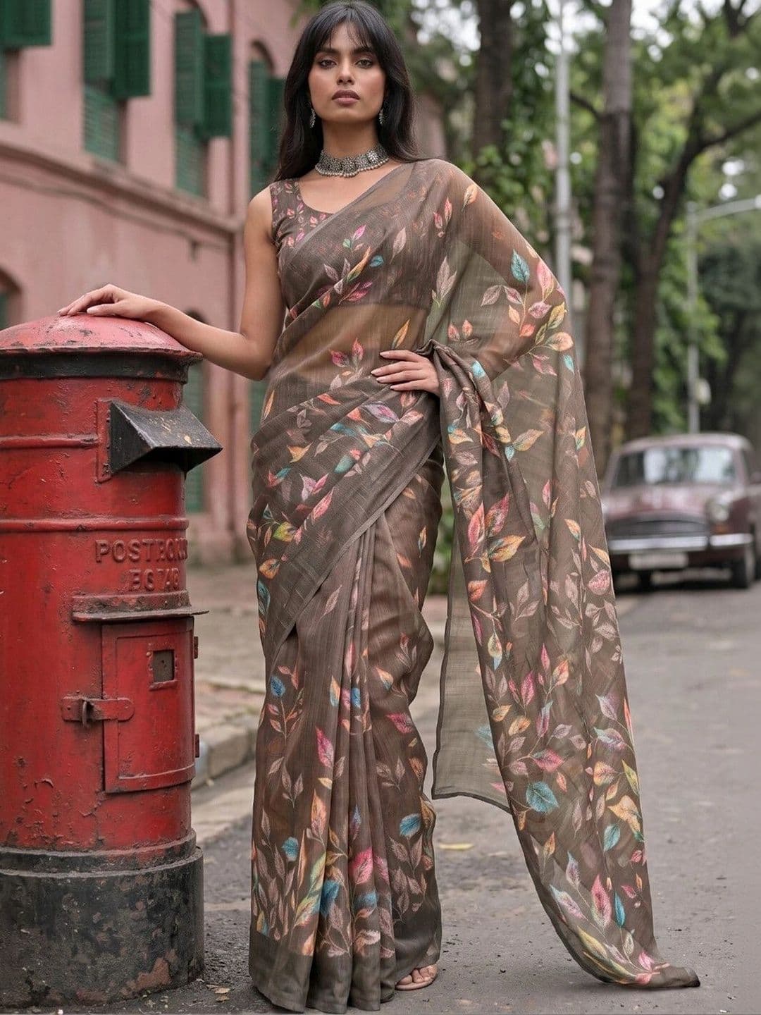 SAARA Printed Dark Olive Green Linen Ready to wear saree With Unstiched Blouse - view 1
