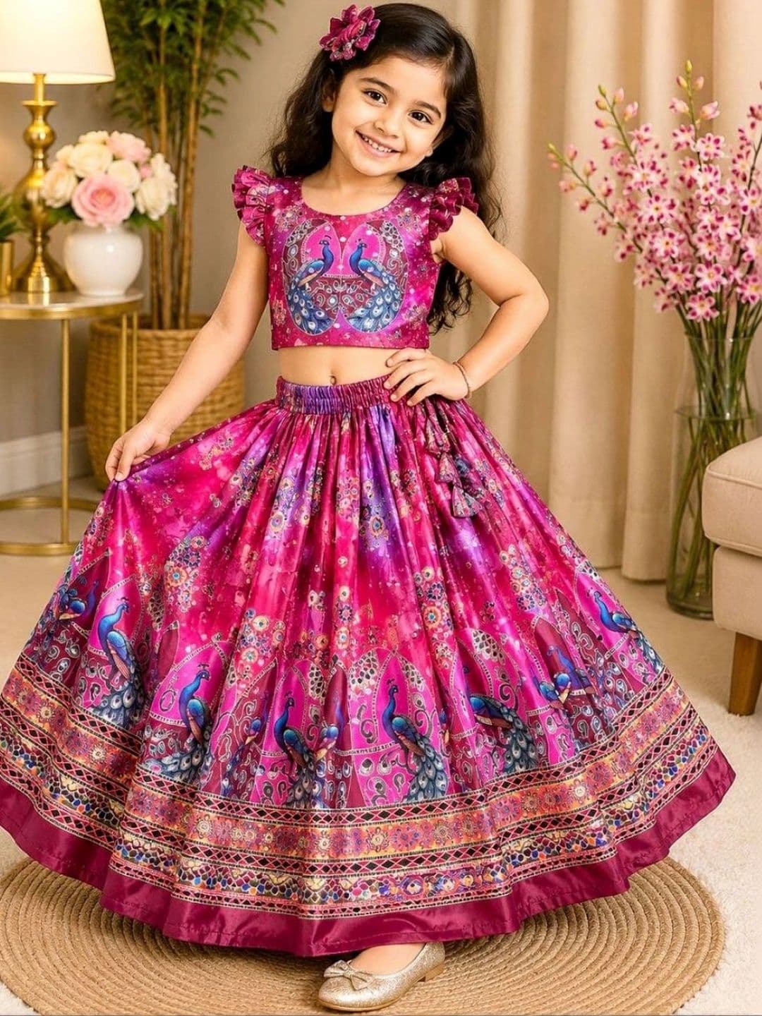 Sangria Girls Printed Mirror Work Ready to Wear Lehenga & Blouse With Dupatta - view 1