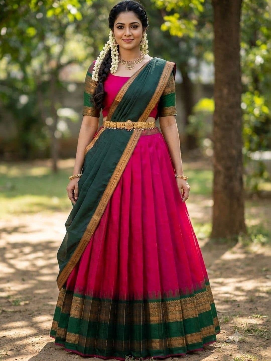 Pink Bindi Semi-Stitched Lehenga & Unstitched Blouse With Dupatta - view 1