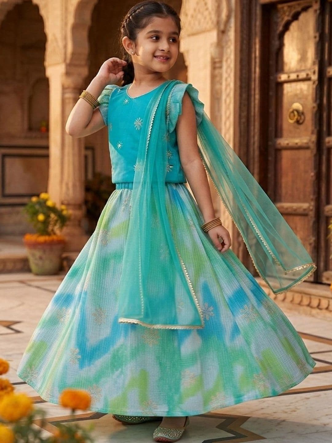 Here&Now X Kinder Kids Girls Embroidered Ready to Wear Lehenga & Blouse With Dupatta thumbnail 5