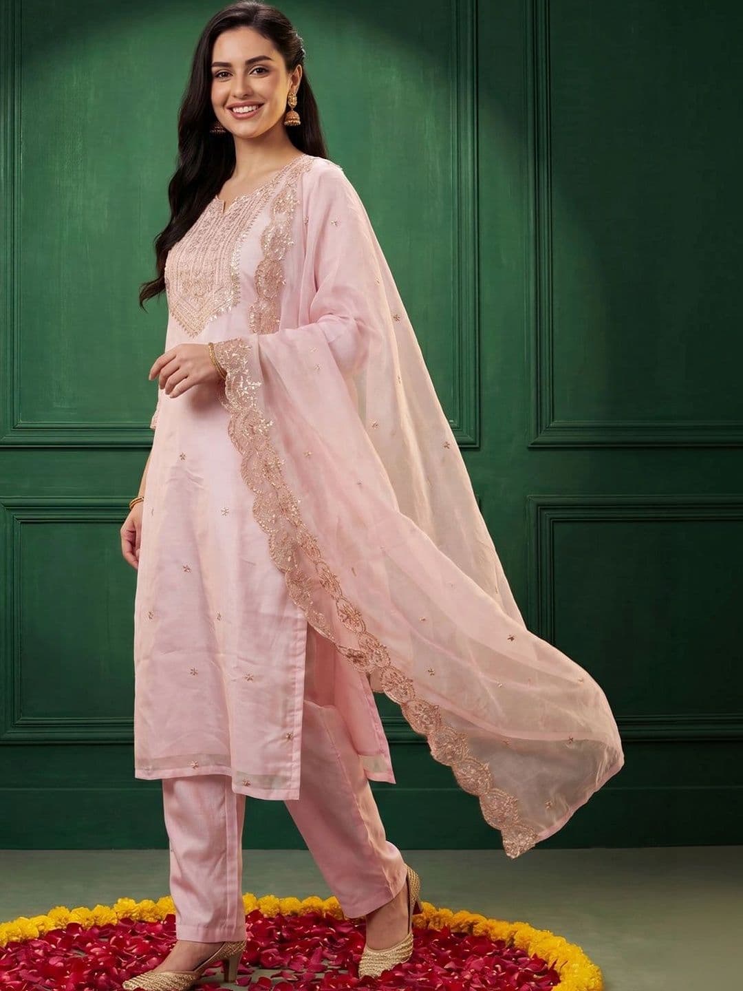 Indo Era Women Ethnic Motifs Embroidered Regular Sequinned Kurta with Trousers & With Dupatta thumbnail 6