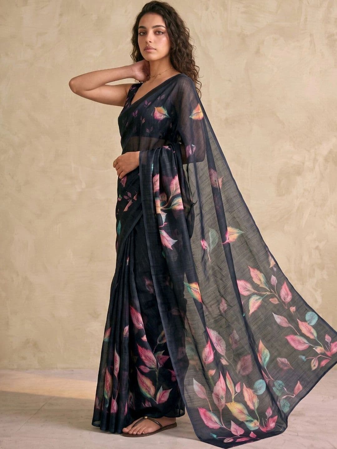 SAARA Printed Black Linen Ready to wear saree With Unstiched Blouse thumbnail 3