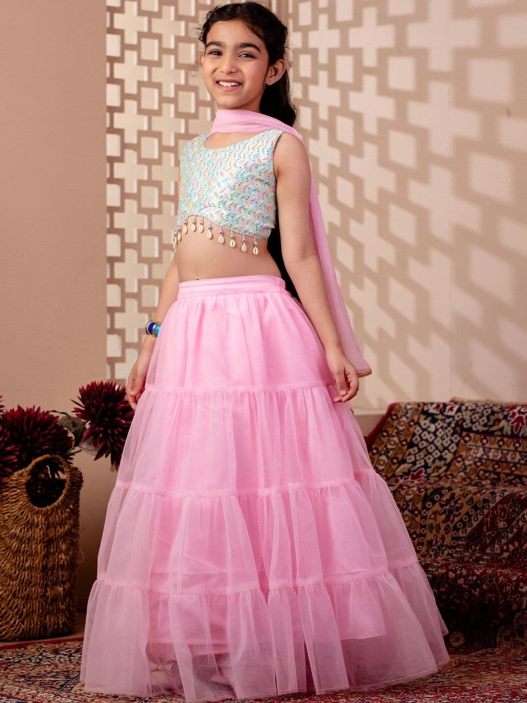 YK Girls Embellished Sequinned Ready to Wear Lehenga & Blouse With Dupatta thumbnail 3