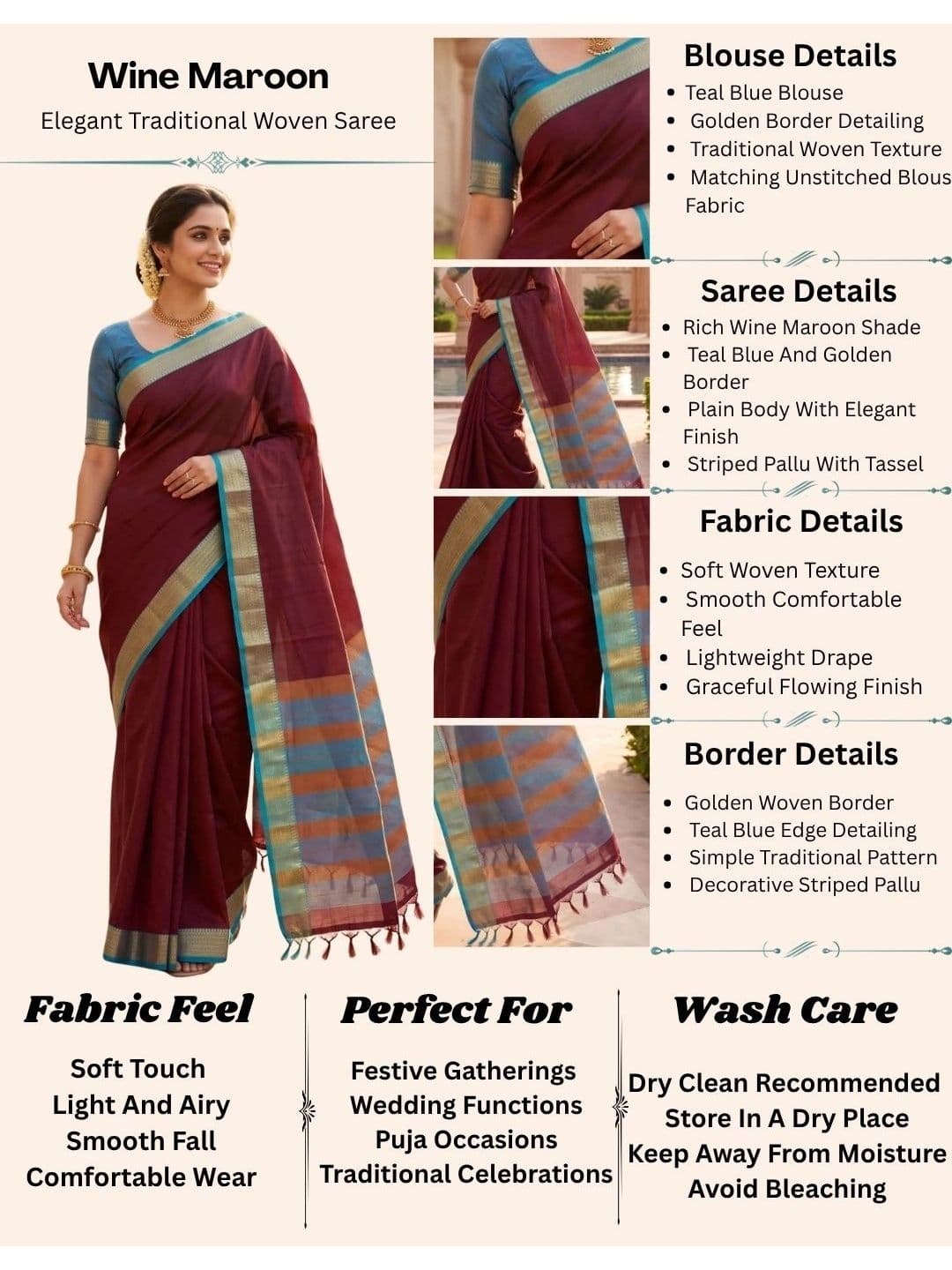 SPEEDY INDIAN Striped Zari Silk Cotton Handloom Chanderi Saree thumbnail 2
