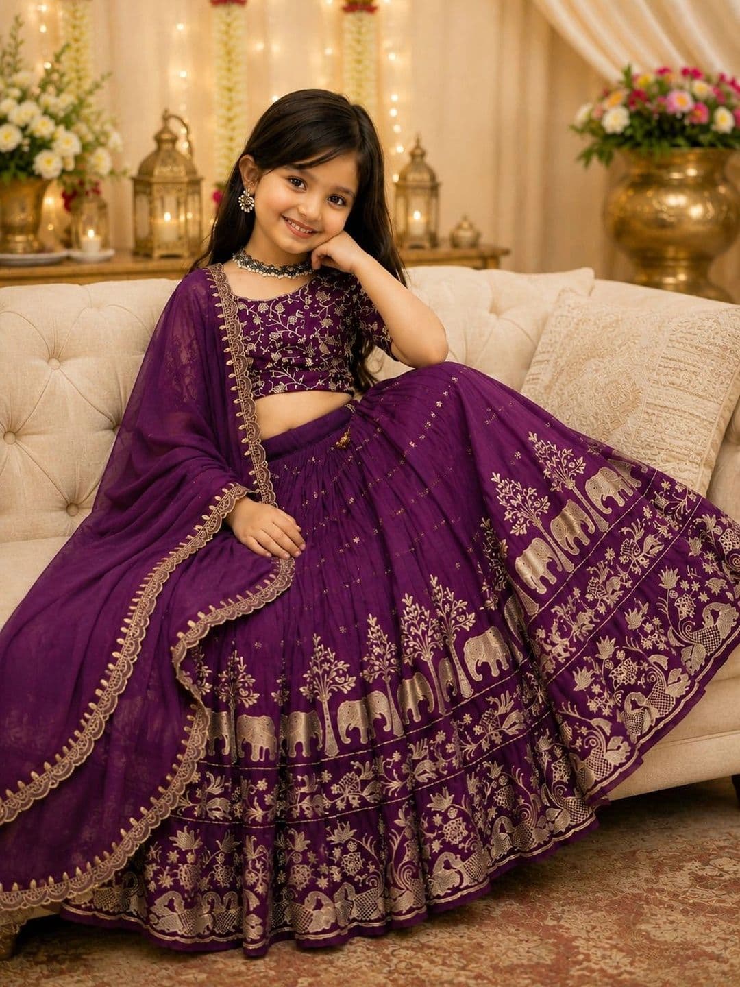 DEVANGI VASTRA Girls Embroidered Thread Work Ready to Wear Lehenga & Unstitched Blouse With Dupatta thumbnail 3