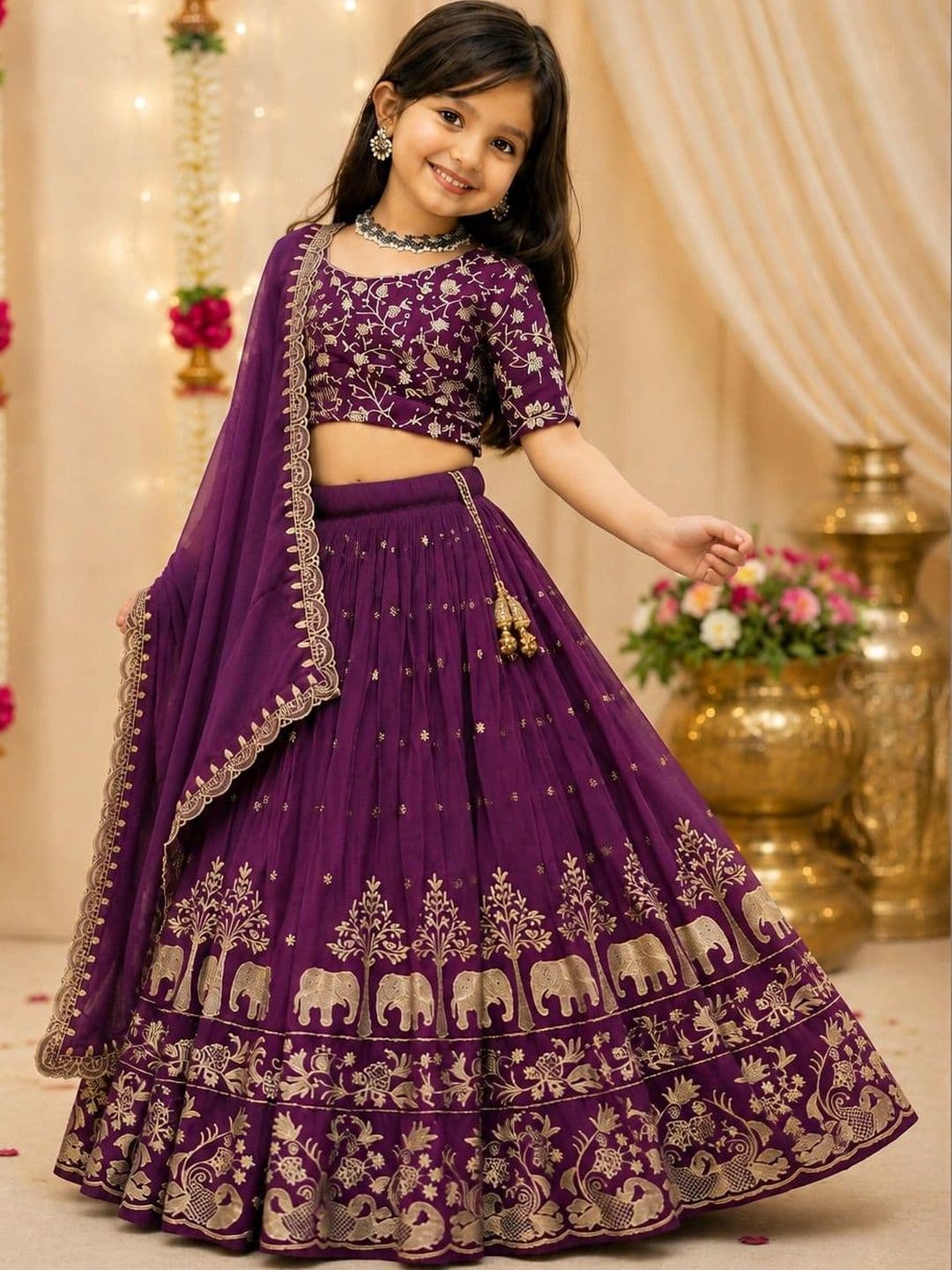 DEVANGI VASTRA Girls Embroidered Thread Work Ready to Wear Lehenga & Unstitched Blouse With Dupatta - view 1