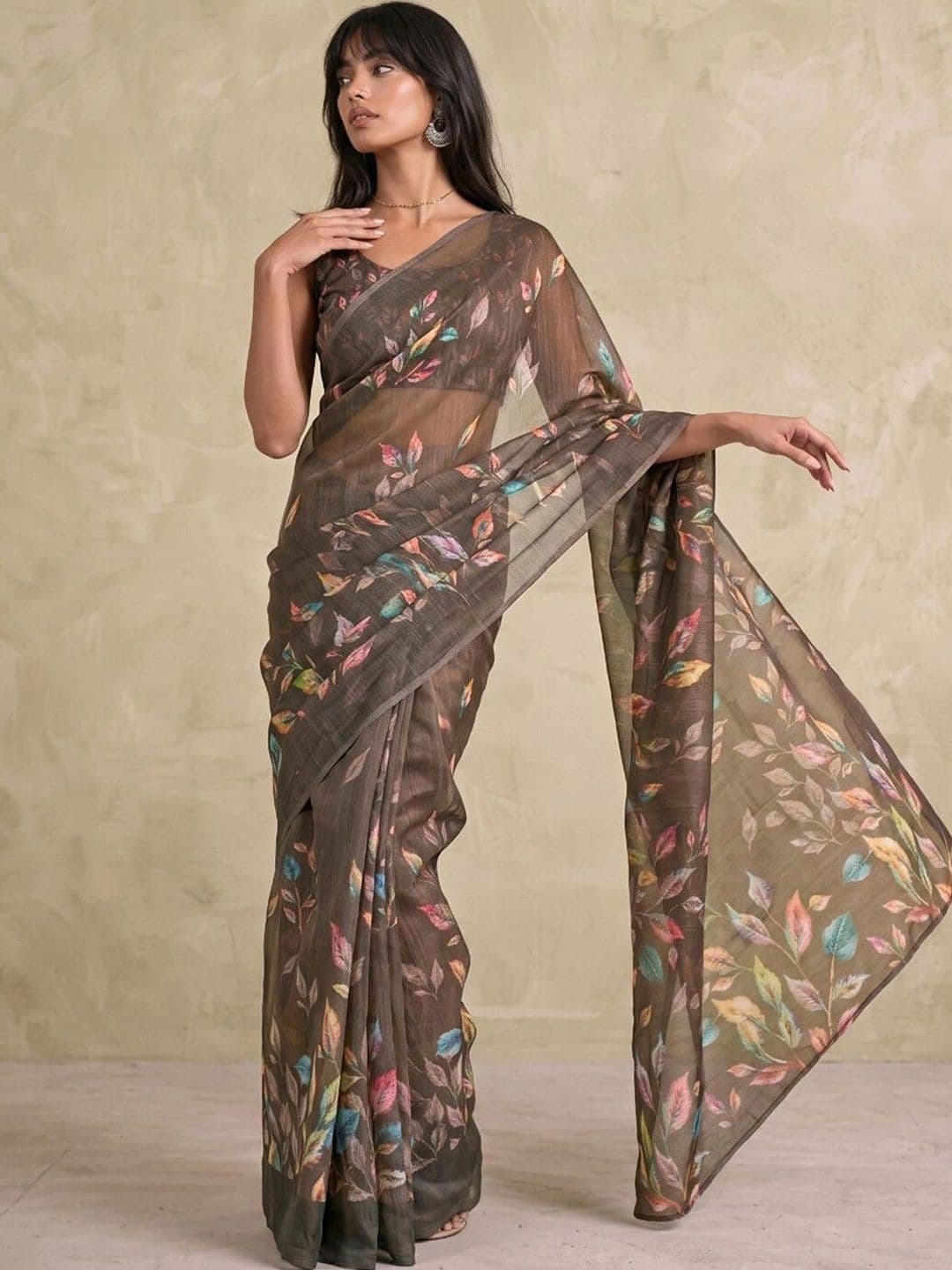 SAARA Printed Dark Olive Green Linen Ready to wear saree With Unstiched Blouse thumbnail 2