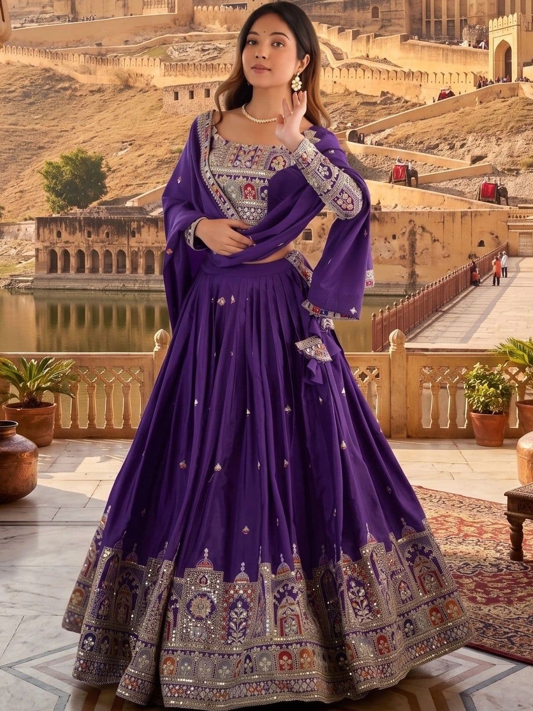 Anouk Embroidered Thread Work Semi-Stitched Lehenga & Blouse With Dupatta - view 1