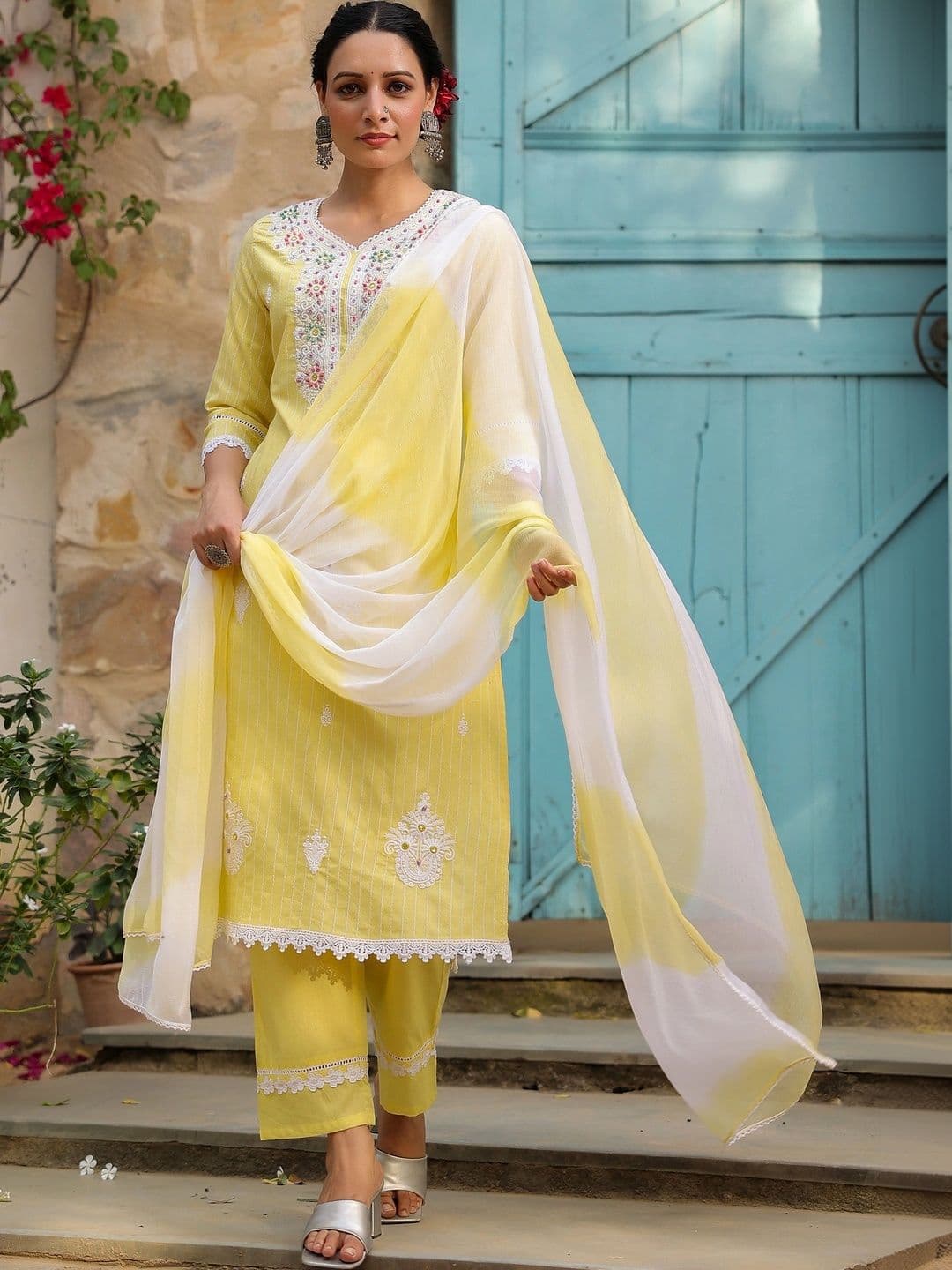 Bairaas Women Embroidered Pure Cotton Kurta with Trousers And Dupatta - view 1