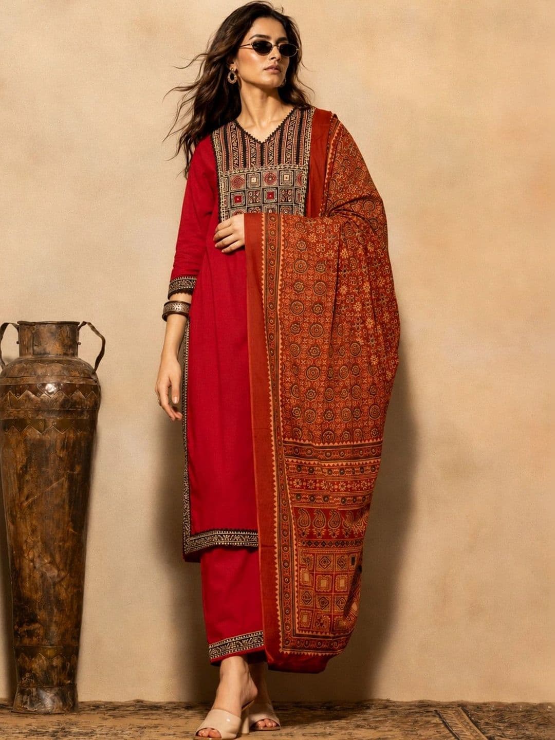 Sabhyata Women Ethnic Motifs Embroidered Regular Thread Work Kurta with Trousers & With Dupatta - view 1