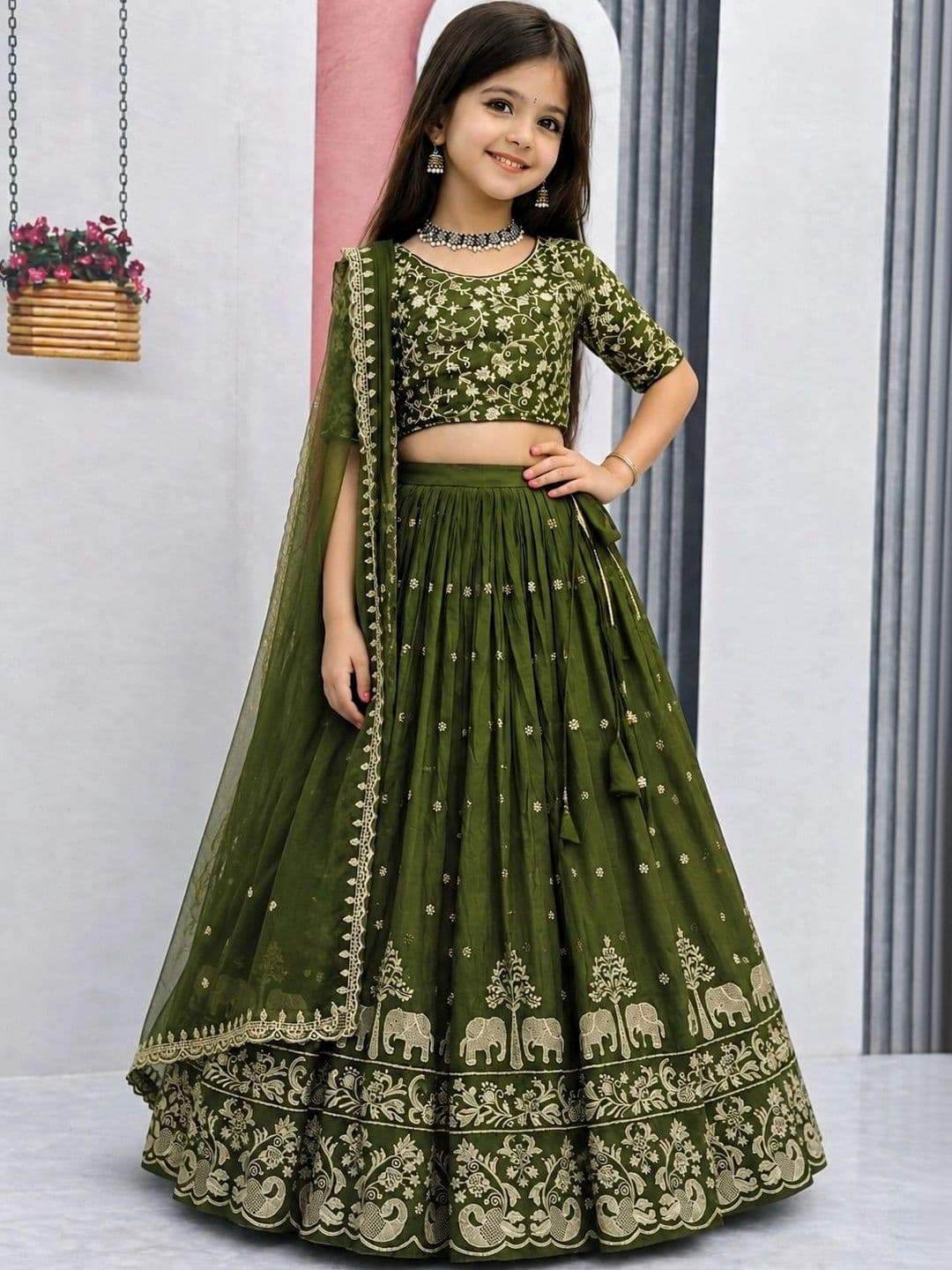 DEVANGI VASTRA Girls Embroidered Thread Work Ready to Wear Lehenga & Unstitched Blouse With Dupatta thumbnail 5