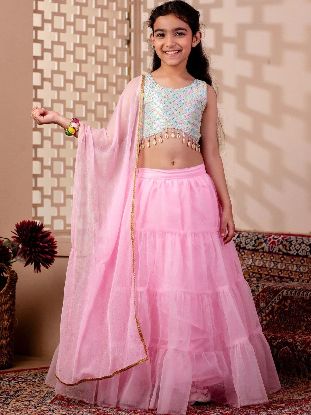 YK Girls Embellished Sequinned Ready to Wear Lehenga & Blouse With Dupatta - view 1