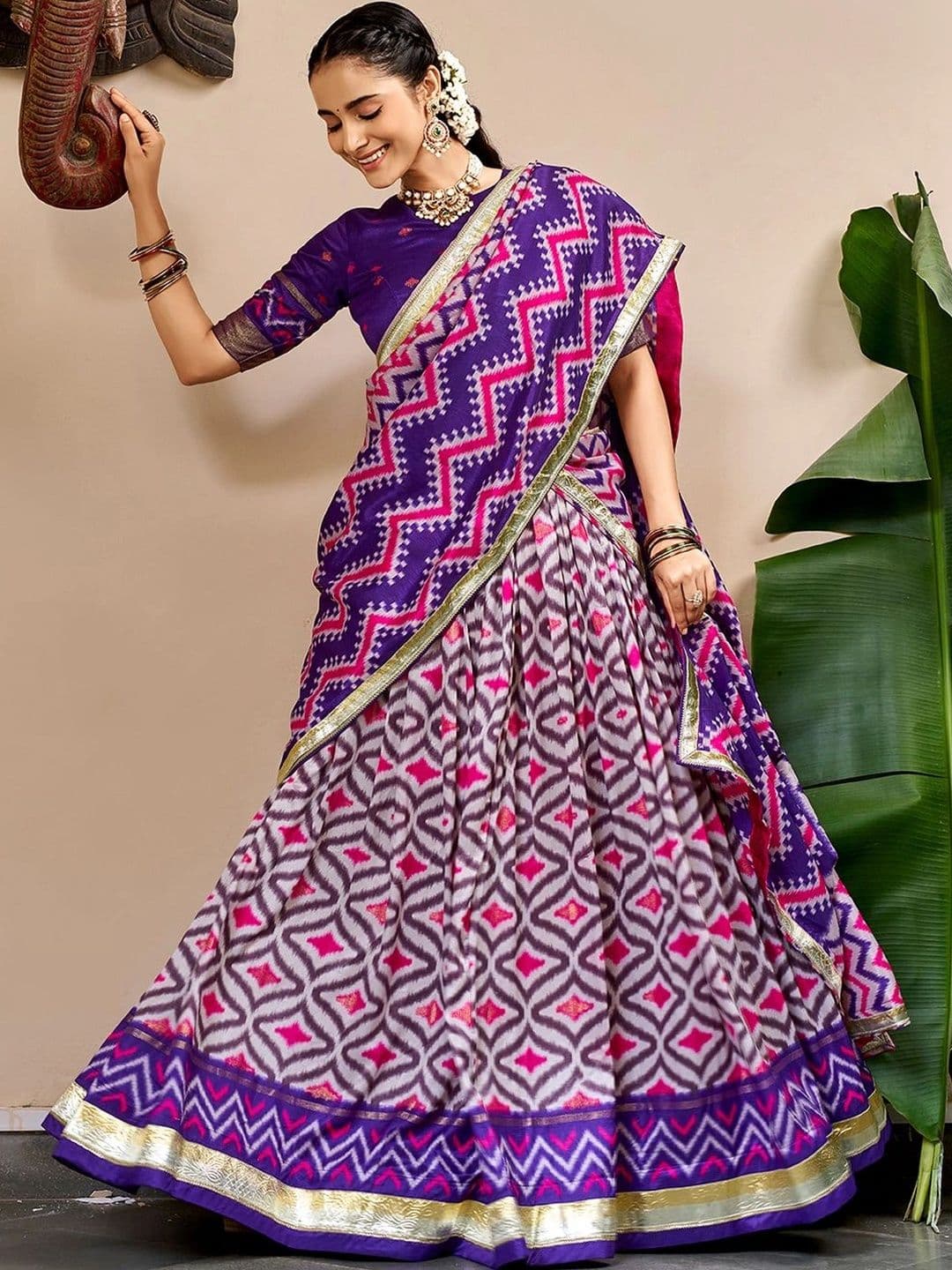 LOOKNBOOK ART Printed Ikat Ready to Wear Lehenga & Unstitched Blouse With Dupatta thumbnail 4