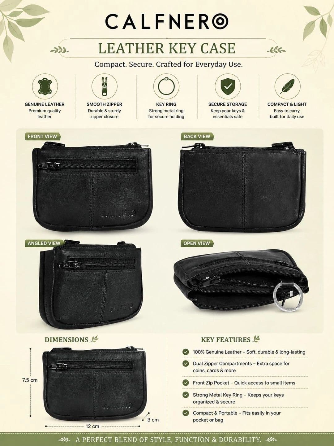 CALFNERO Unisex Black Solid Genuine Leather Coin Wallet thumbnail 4