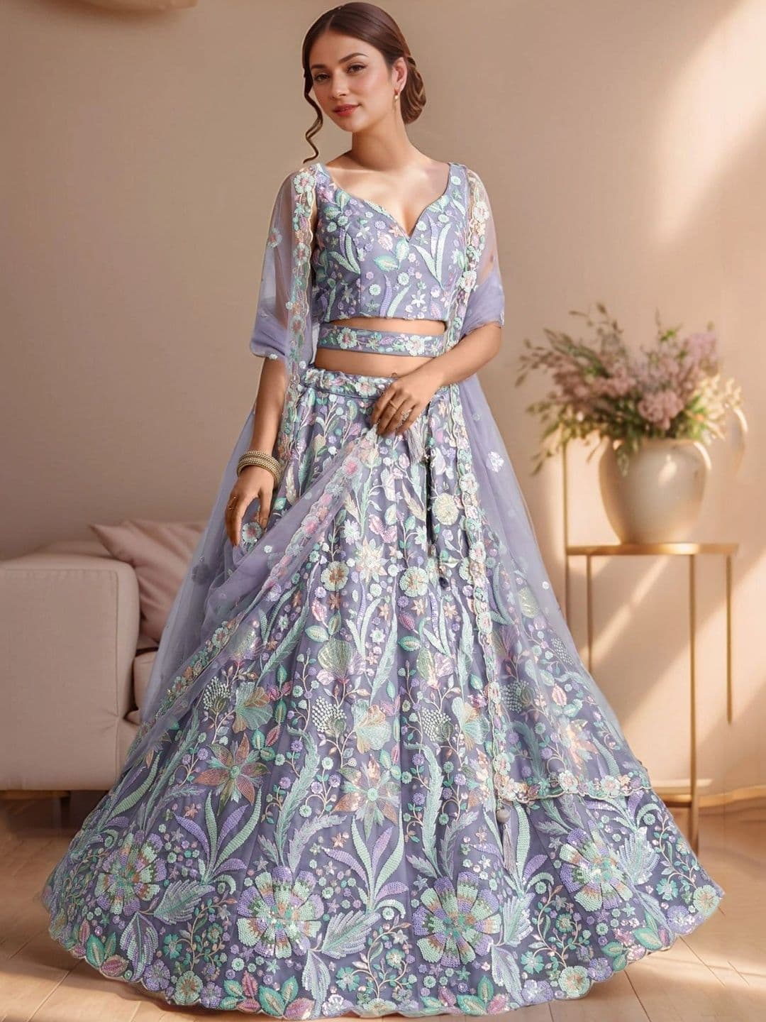 Zeel Clothing Embellished Sequinned Semi-Stitched Lehenga & Unstitched Blouse With Dupatta thumbnail 2