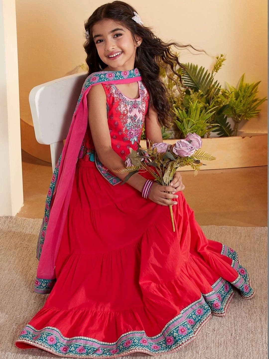 Biba Girls Printed Thread Work Ready to Wear Lehenga & Blouse With Dupatta thumbnail 4