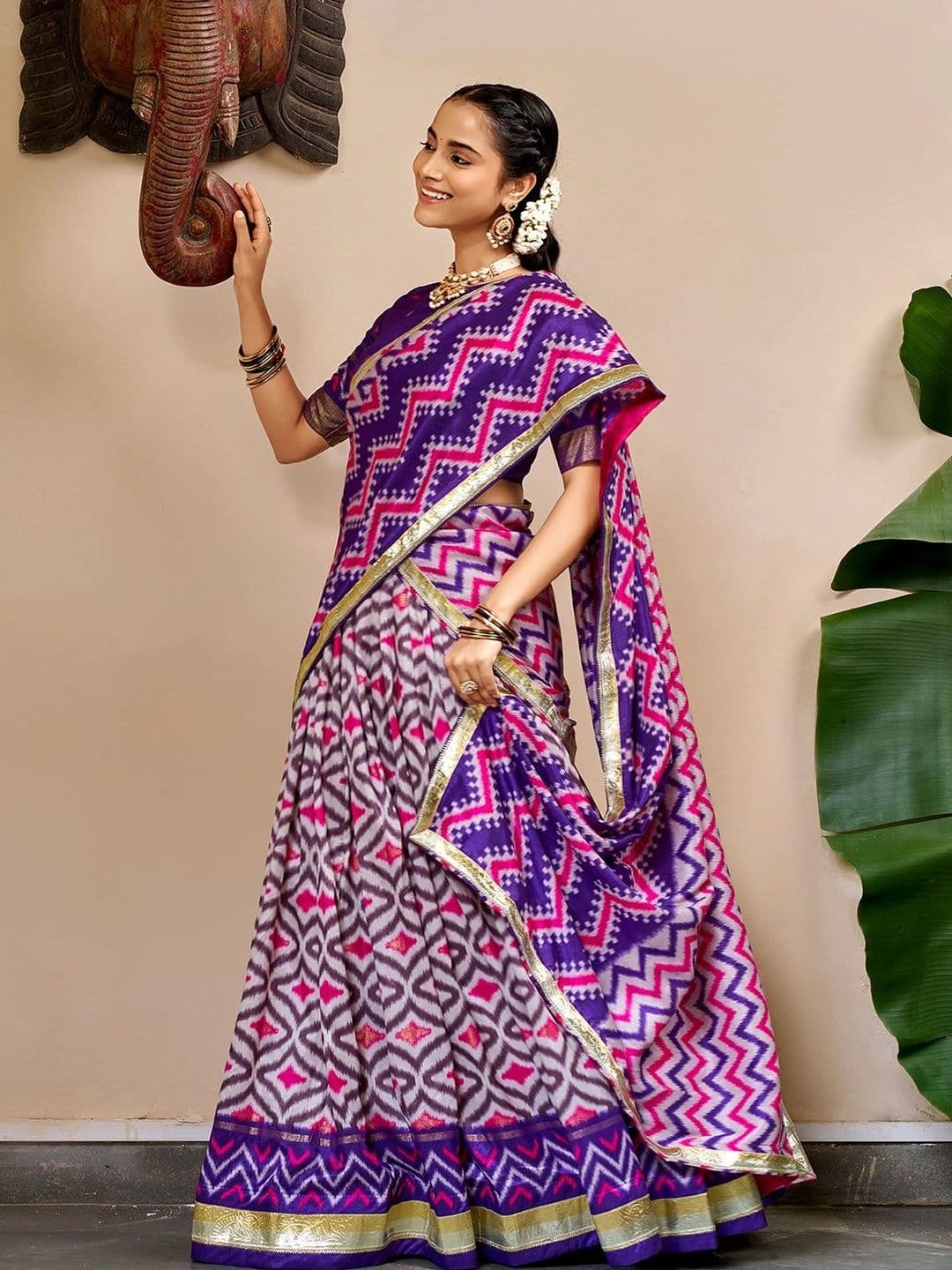 LOOKNBOOK ART Printed Ikat Ready to Wear Lehenga & Unstitched Blouse With Dupatta thumbnail 3