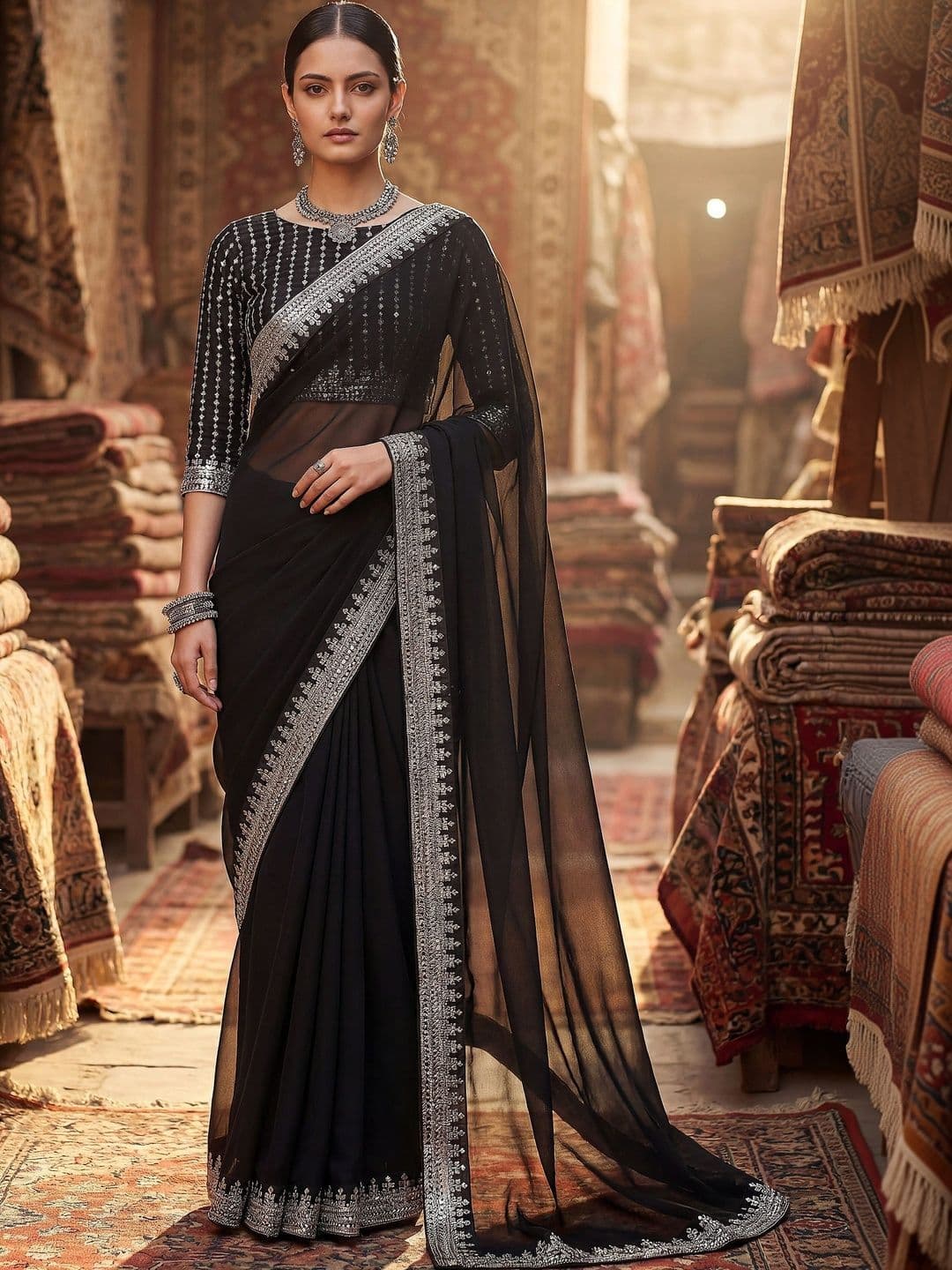 Sangria Women  Embellished Embroidered Pure Georgette Designer Saree thumbnail 3