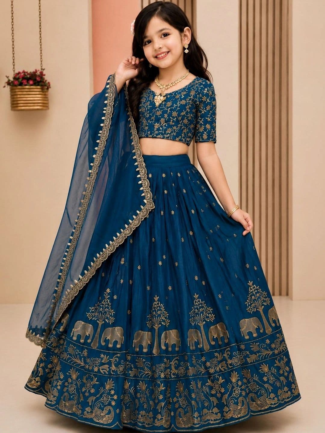 DEVANGI VASTRA Girls Embroidered Thread Work Ready to Wear Lehenga & Unstitched Blouse With Dupatta - view 1