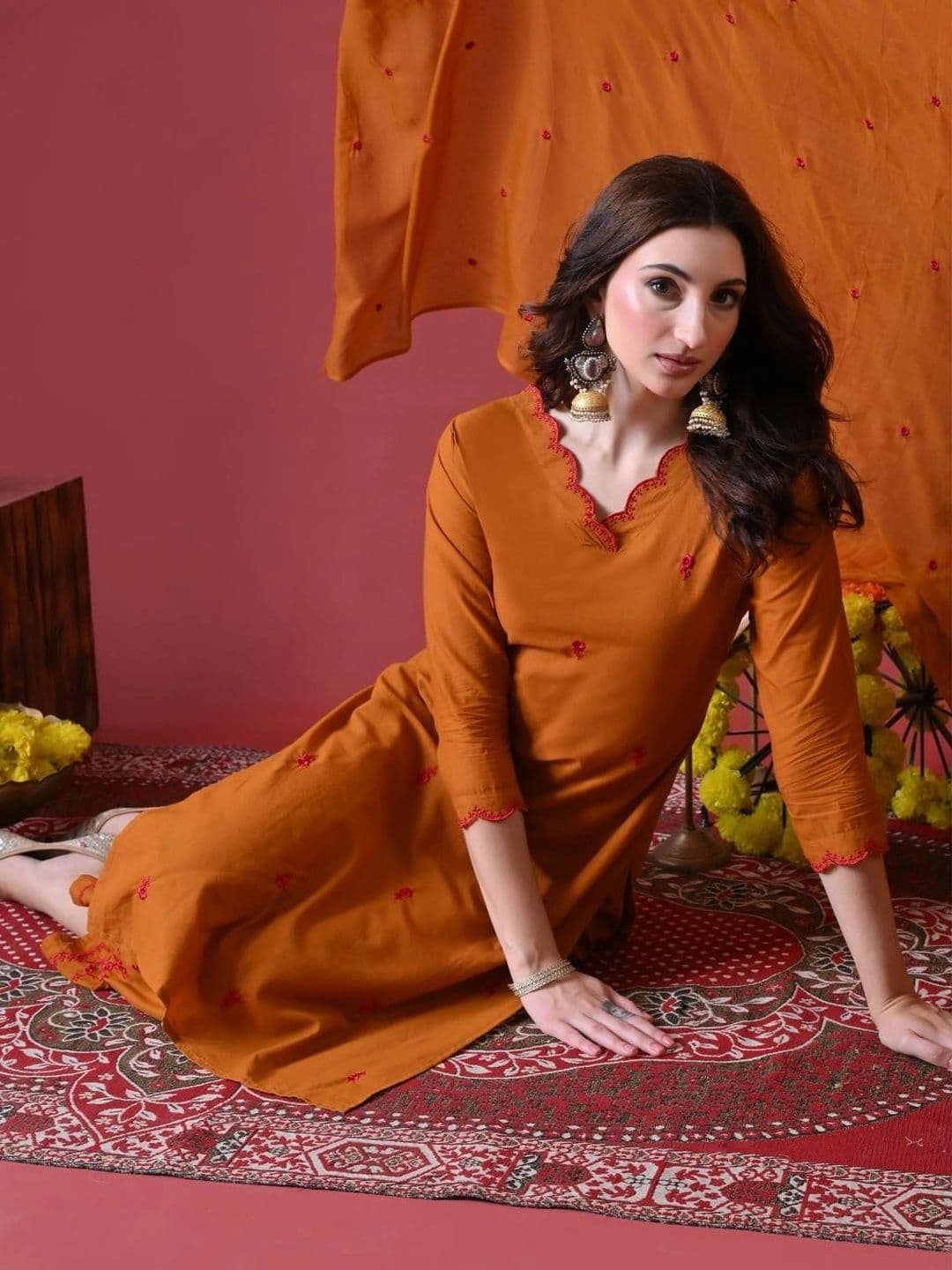 Anouk Women Ethnic Motifs Embroidered Regular Thread Work Pure Cotton Kurta with Trousers & With Dupatta thumbnail 3