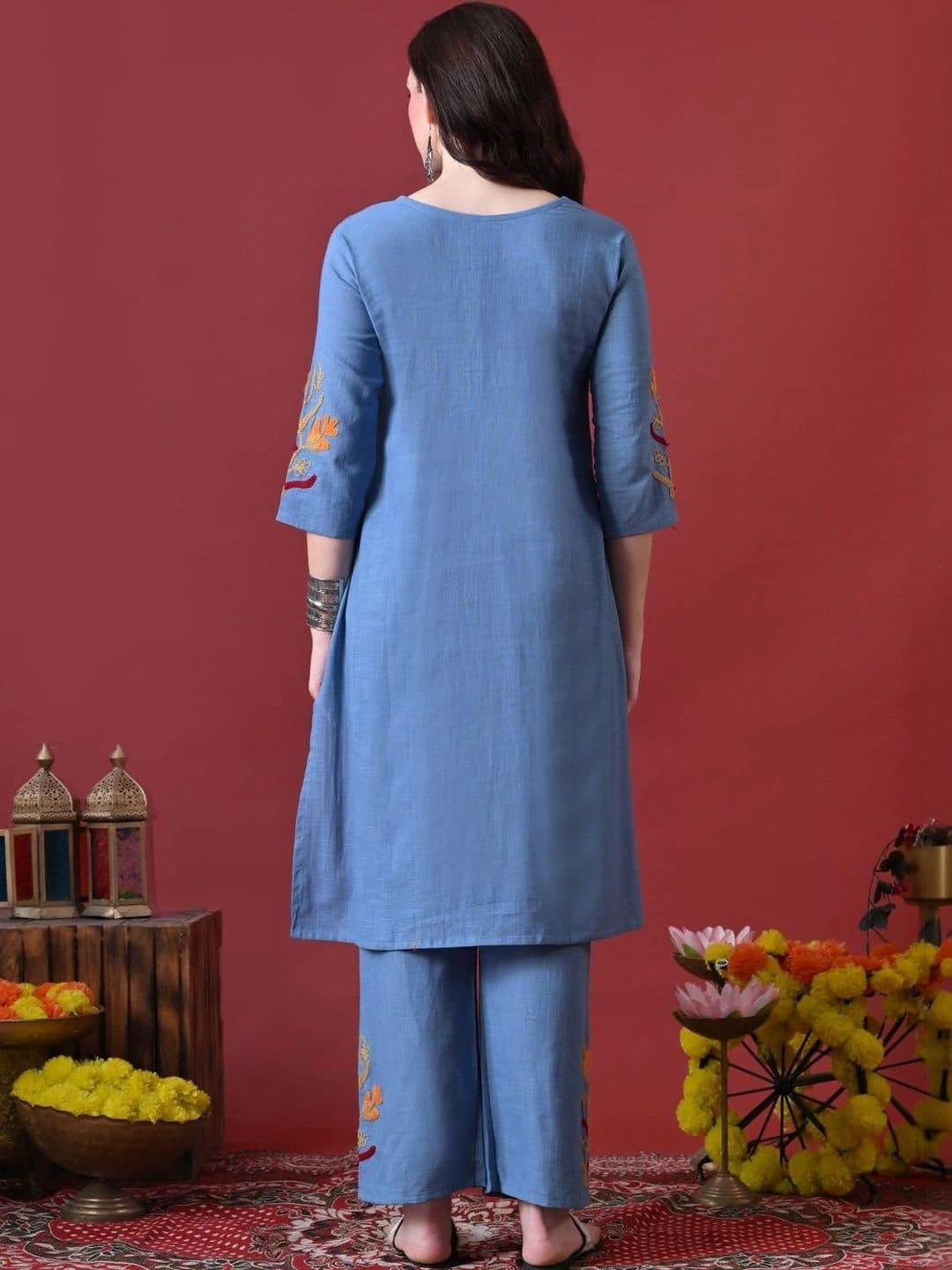 Anouk Women Ethnic Motifs Embroidered Regular Thread Work Pure Cotton Kurta with Palazzos thumbnail 7
