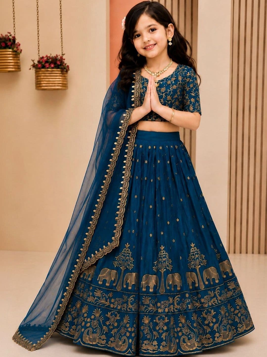 DEVANGI VASTRA Girls Embroidered Thread Work Ready to Wear Lehenga & Unstitched Blouse With Dupatta thumbnail 2