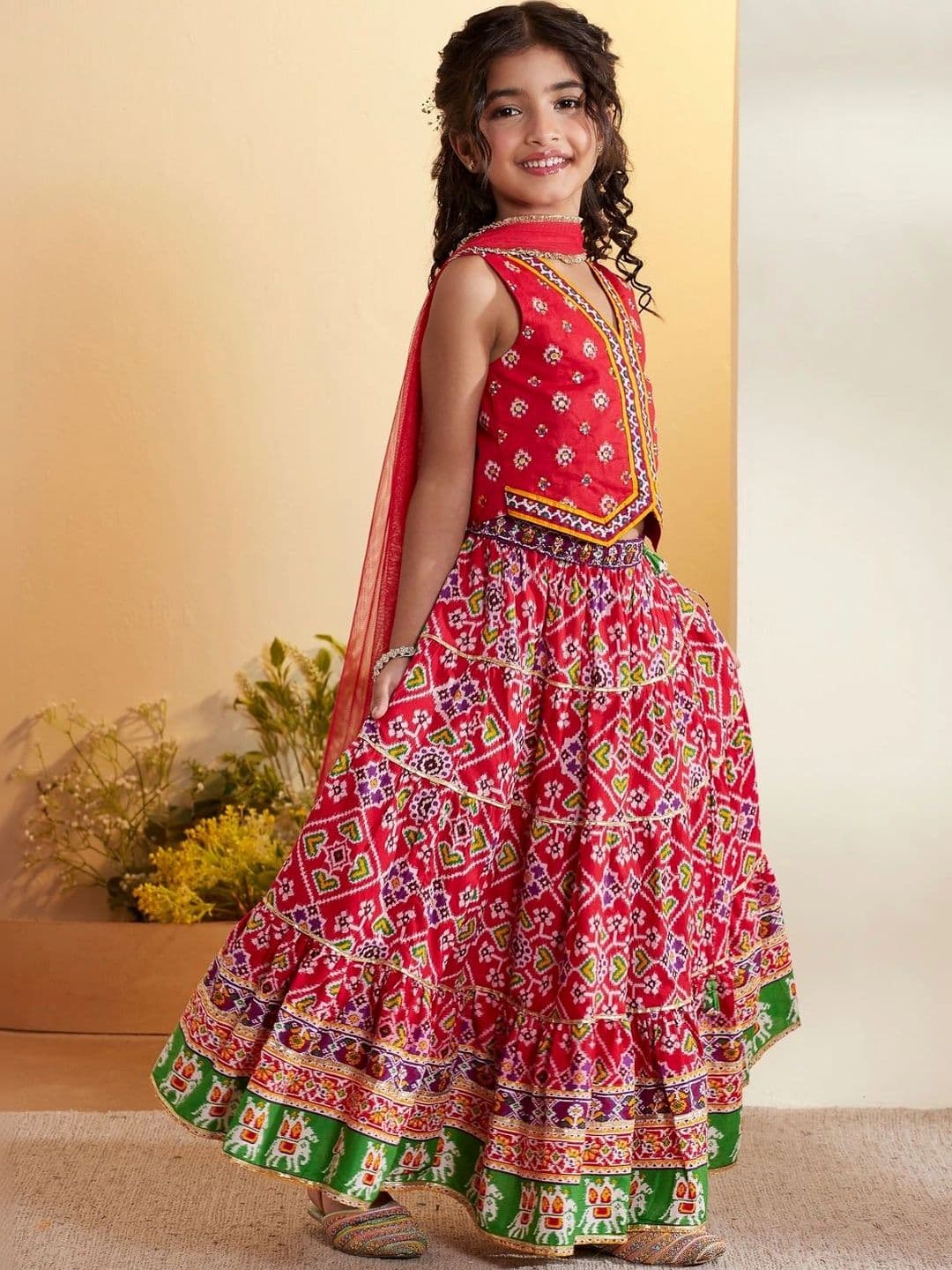 Biba Girls Printed Thread Work Ikat Ready to Wear Lehenga & Blouse With Dupatta thumbnail 4