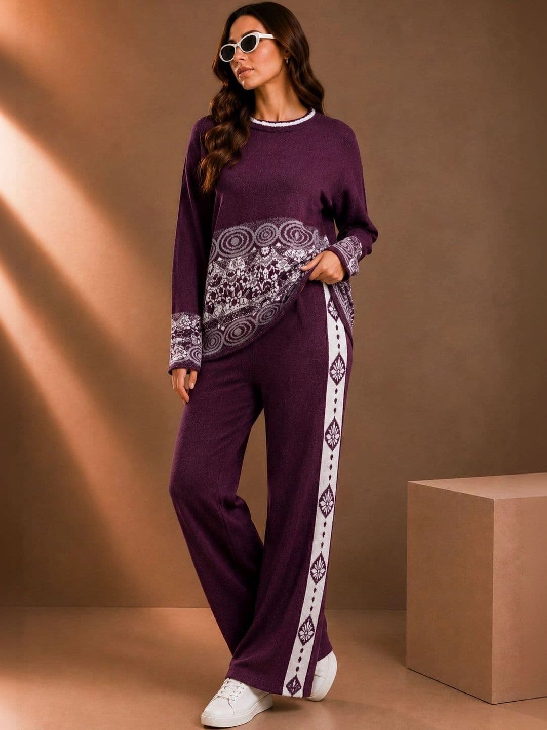 DUTCH DREAM Knitted Acrylic Self Design Tunic with Palazzos thumbnail 5