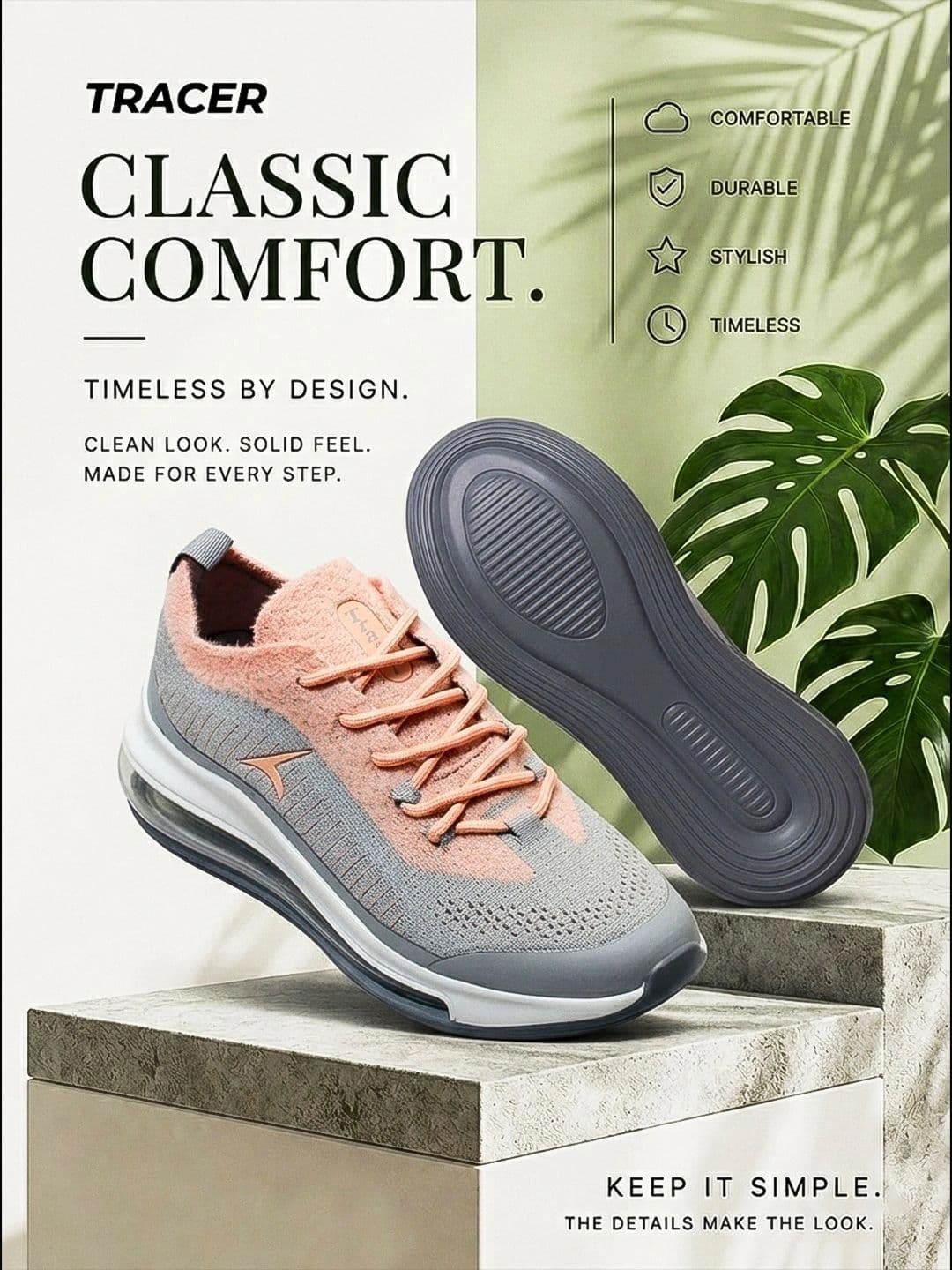 TRACER Women Grey & Peach Lace-Up Running Shoes with Air Cushion Midsole thumbnail 5