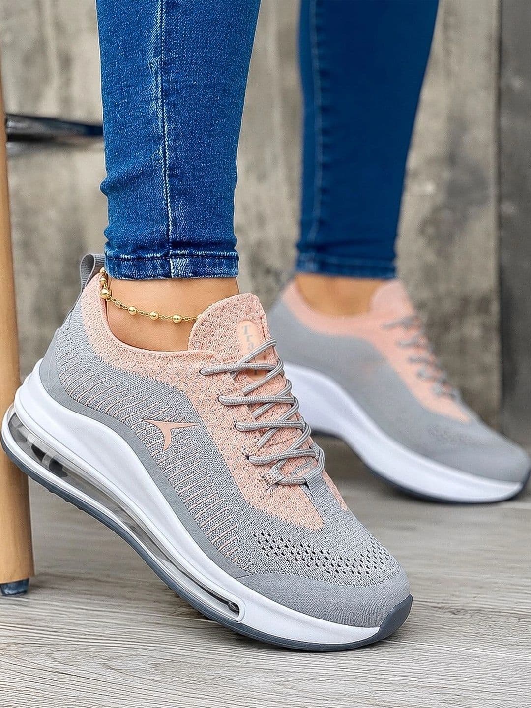 TRACER Women Grey & Peach Lace-Up Running Shoes with Air Cushion Midsole thumbnail 3