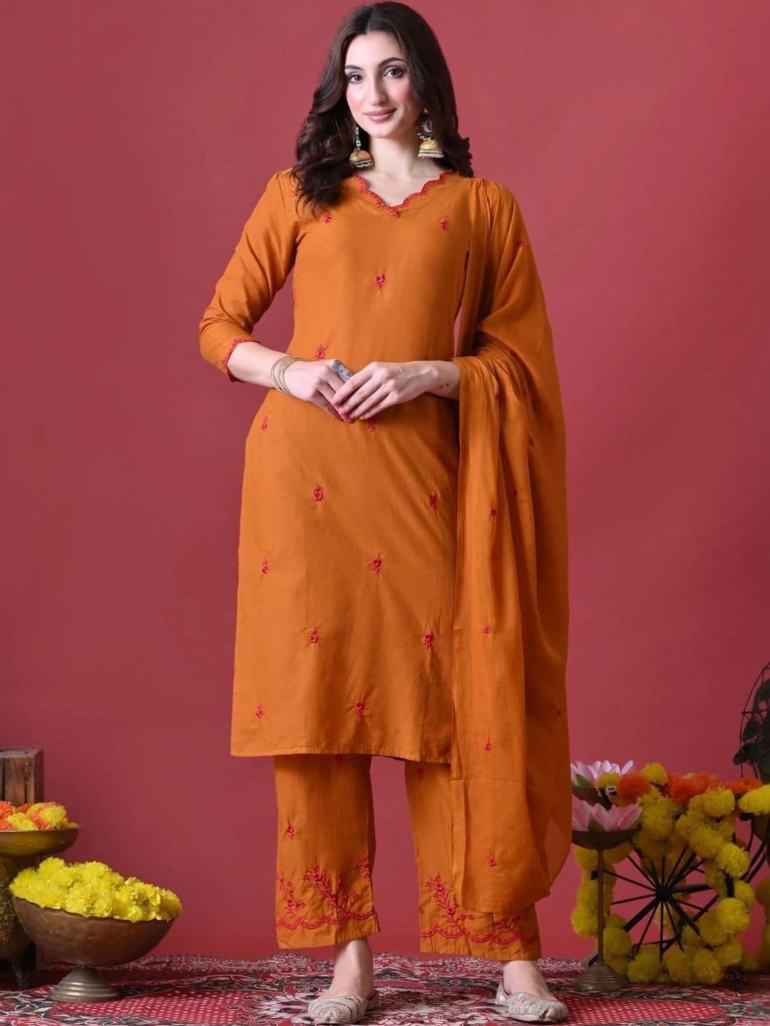 Anouk Women Ethnic Motifs Embroidered Regular Thread Work Pure Cotton Kurta with Trousers & With Dupatta thumbnail 2
