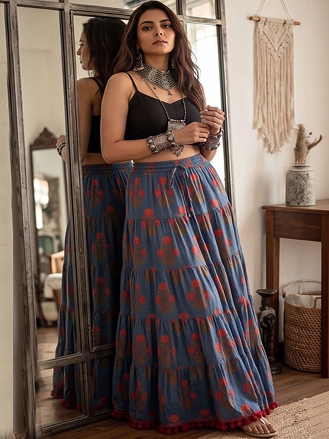 Varanga Women Floral Bohemian Maxi Tiered Skirt thumbnail 7