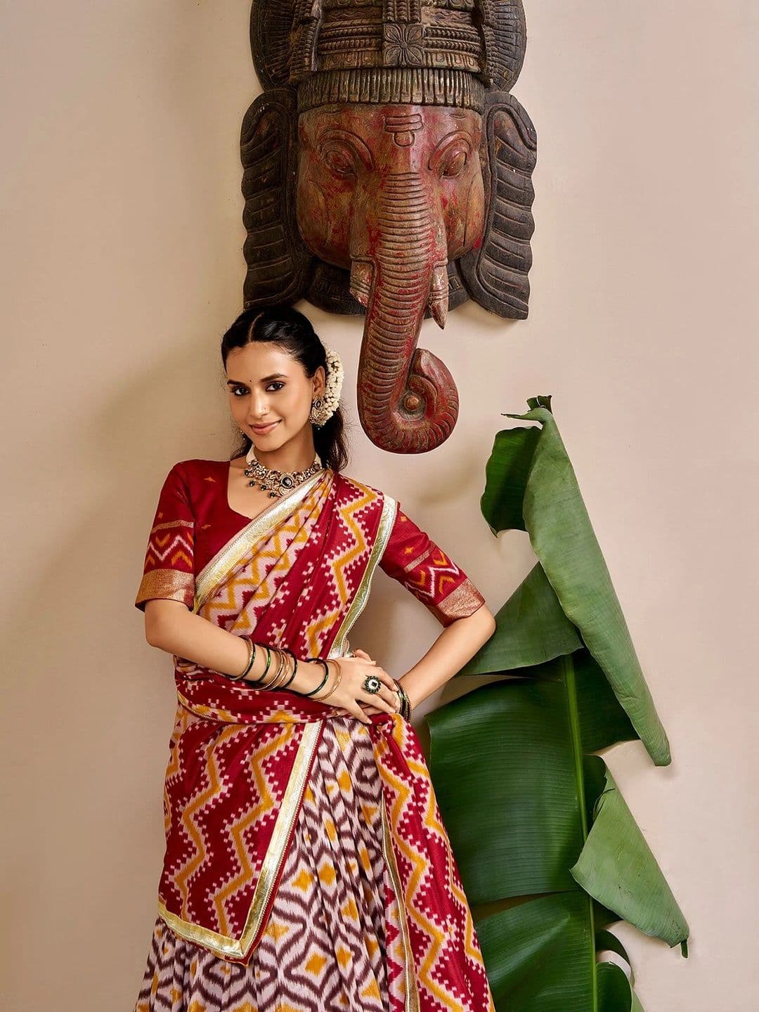 LOOKNBOOK ART Printed Ikat Ready to Wear Lehenga & Unstitched Blouse With Dupatta thumbnail 3
