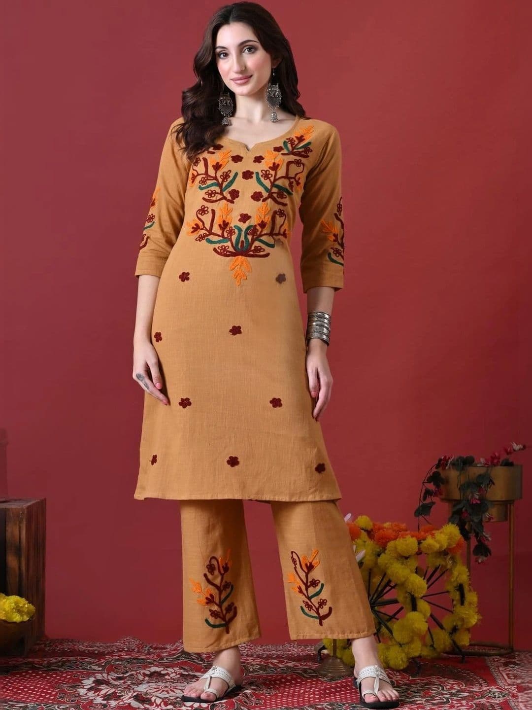 Anouk Women Ethnic Motifs Embroidered Regular Thread Work Pure Cotton Kurta with Palazzos thumbnail 7