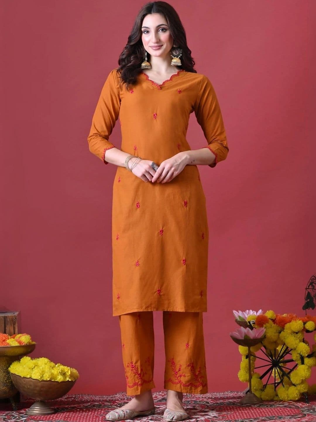 Anouk Women Ethnic Motifs Embroidered Regular Thread Work Pure Cotton Kurta with Trousers & With Dupatta thumbnail 4